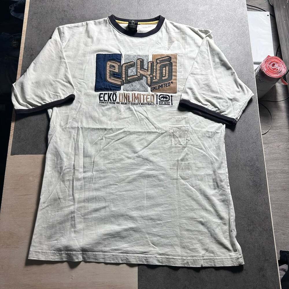 Vintage Ecko Unltd White Ringer T-Shirt with Embroidered Graphic Logo Size L